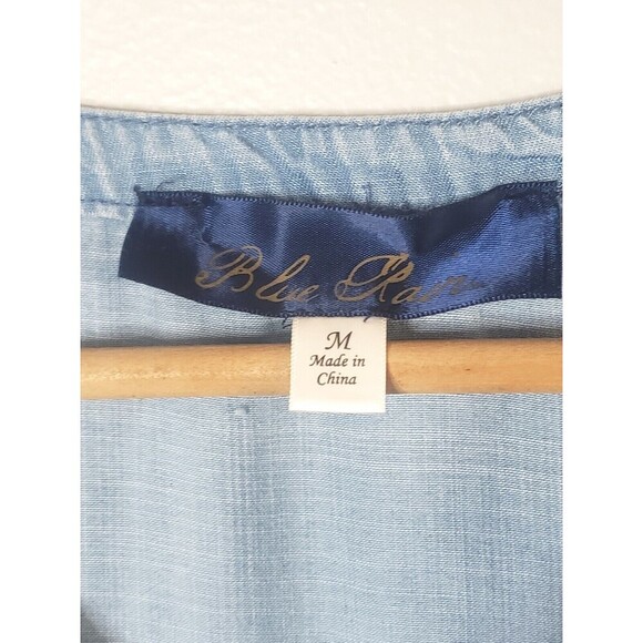 Blue Rain Tencel Chambray Dress Women's M Blue Embroidered Floral Slit Sleeve - Picture 3 of 9